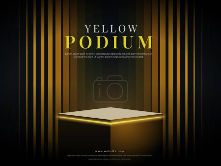 Téléchargez les illustrations : Podium cube avec lumière au néon jaune et fond abstrait minimal. Illustration vectorielle - en licence libre de droit