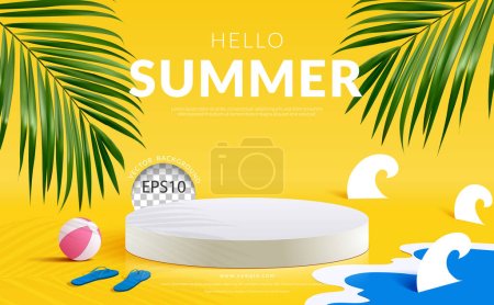 Illustration for Hello summer modern stage podium on paper cut beach theme decoration yellow background. Vector illustration - Royalty Free Image