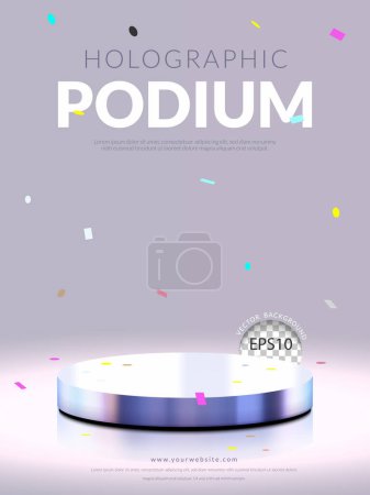 Illustration for 3D holographic podium stage product stand with confetti on white background. Vertical . Vector illustration - Royalty Free Image