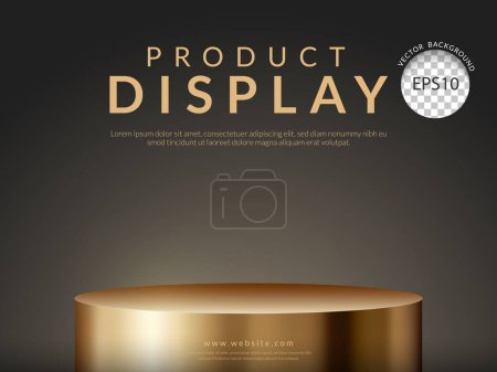 Illustration for Gold stand podium pedestal on advertising product display backdrop on black background, Close up shot. Vector illustration - Royalty Free Image