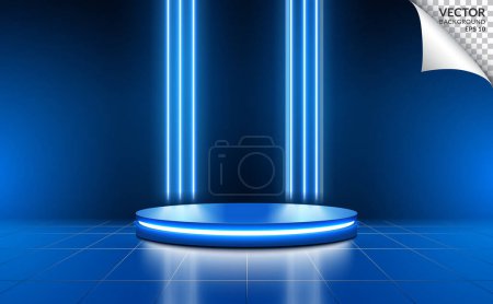 Ilustración de Podio de cilindro azul con escena de fondo de línea de luz de neón para productos de tecnología empresarial digital - Imagen libre de derechos