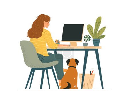 Illustration for Woman sitting at her desk with a puppy while working on her computer, full body, isolated on a white background. Simple flat vector illustration - Royalty Free Image
