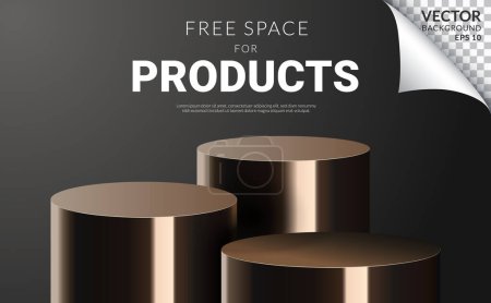 Ilustración de Fondo de escenario de tres productos de podio dorado, fondo de lujo vacío, espacio libre mínimo moderno para productos sobre fondo gris. Ilustración vectorial - Imagen libre de derechos