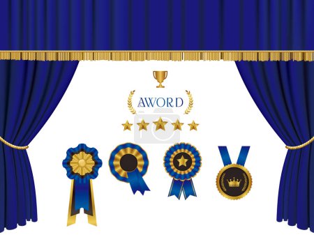Ilustración de Conjunto de emblemas con fondo de cortina de escenario azul - Imagen libre de derechos