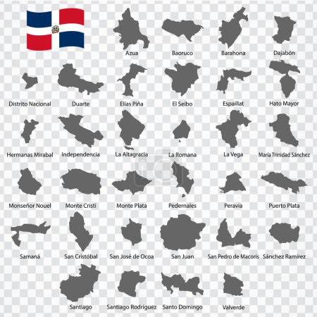 Illustration for Thirty two Maps of  Dominican Republic - alphabetical order with name. Every single map of Provinces are listed and isolated with wordings and titles.  Dominican Republic. EPS 10. - Royalty Free Image