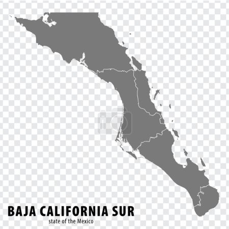 Téléchargez les illustrations : State Baja California Sur of Mexico carte sur fond transparent. Carte vierge de Baja California Sur avec des régions en gris pour la conception de votre site Web, logo, application, interface utilisateur. Au Mexique. PSE10. - en licence libre de droit