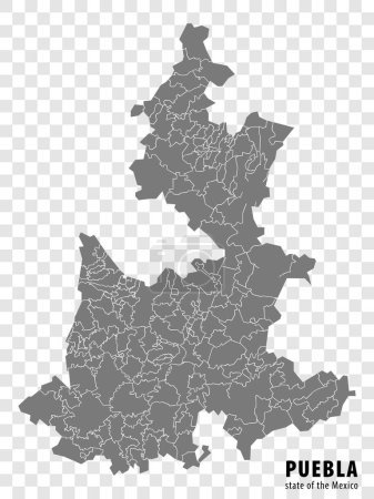 Estado Puebla de México mapa sobre fondo transparente. Mapa en blanco de Puebla con regiones en gris para el diseño de su sitio web, logotipo, aplicación, interfaz de usuario. México. EPS10.