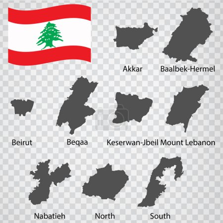 Illustration for Nine Maps  of Lebanon - alphabetical order with name. Every single map of Provinces are listed and isolated with wordings and titles.  Republic of Namibia. EPS 10 - Royalty Free Image