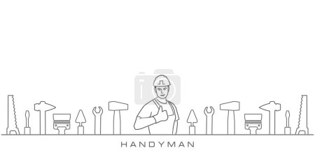 Illustration for Professional handyman services. Vector banner template with worker, tools collection and text space.  Set of repair tools on white background for your web site design, app, UI. EPS10. - Royalty Free Image