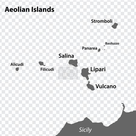 Blank map Aeolian Islands in gray. Every Island map is with titles. High quality map of  Aeolian Islands on transparent background for your  design.     Italy. EPS10.