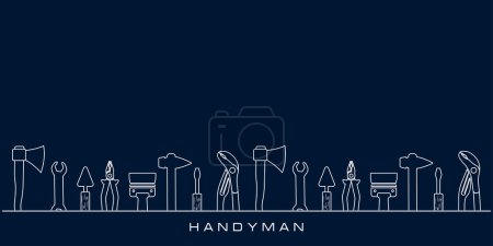 Illustration for Professional handyman services. Vector banner template with tools collection and text space.  Set of repair tools on dark blue background for your design. EPS10. - Royalty Free Image