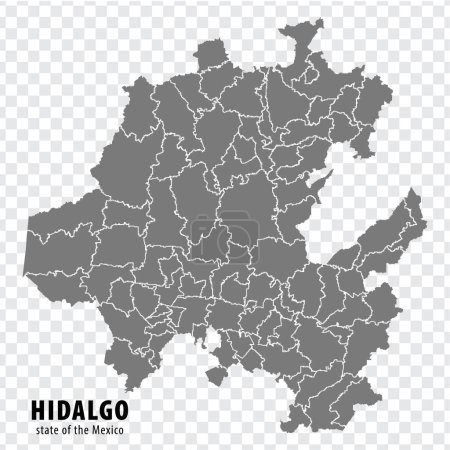 Karte des Bundesstaates Hidalgo von Mexiko auf transparentem Hintergrund. Leere Karte von Hidalgo mit Regionen in grau für Ihr Webseiten-Design, Logo, App, UI. Mexiko. EPS10.