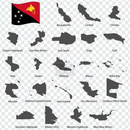 Ilustración de Veintidós mapas de Papúa Nueva Guinea - orden alfabético con nombre. Cada mapa de provincias está catalogado y aislado con palabras y títulos. Papúa Nueva Guinea. EPS 10. - Imagen libre de derechos