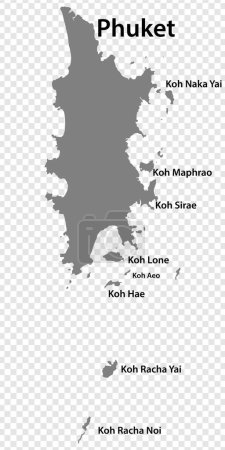 Téléchargez les illustrations : Carte vierge Phuket Island en gris. Chaque carte de l'île est avec des titres. Carte de haute qualité de Phuket sur fond transparent pour votre conception. Thaïlande. PSE10. - en licence libre de droit