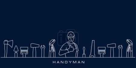 Illustration for Professional handyman services. Vector banner template with worker, tools collection and text space.  Set of repair tools on dark blue background for your web site design, app, UI. EPS10. - Royalty Free Image