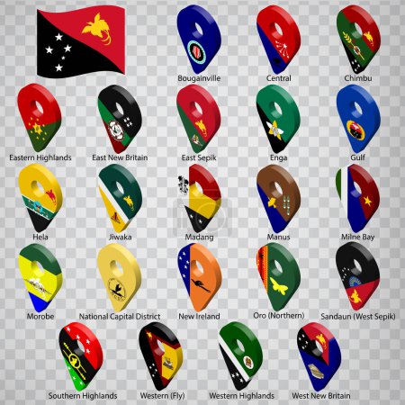 Ilustración de Veintidós banderas las Provincias de Papúa Nueva Guinea - orden alfabético con nombre. Conjunto de signos de geolocalización 3d como banderas Papúa Nueva Guinea. Veintidós señales de geolocalización 3d para su diseño. EPS10 - Imagen libre de derechos