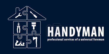 Illustration for Handyman concept in blue. Professional services of a universal foreman. Home in the form of puzzles with tools as a symbol of repair . Vector EPS10. - Royalty Free Image