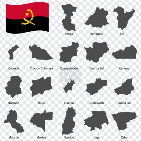 Illustration for Eighteen Maps provinces of Angola - alphabetical order with name. Every single map of province are listed and isolated with wordings and titles.  Angola. EPS 10. - Royalty Free Image