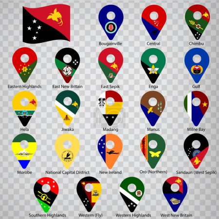 Ilustración de Veintidós banderas las Provincias de Papúa Nueva Guinea - orden alfabético con nombre. Conjunto de signos de geolocalización 2d como banderas Papúa Nueva Guinea. Veintidós señales de geolocalización 2d para su diseño. EPS10 - Imagen libre de derechos