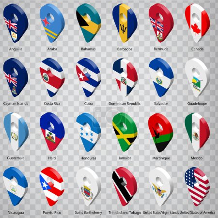 Illustration for Twenty four Flags of American countries - alphabetical order with name.  Set of 3d geolocation signs like national flags of North and Central America. Twenty four 3d geolocation signs. EPS10. - Royalty Free Image