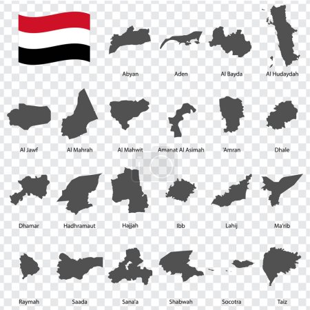 Illustration for Twenty two Maps Governorates of Yemen - alphabetical order with name. Every single map of  Region Yemen are listed and isolated with wordings and titles.  EPS 10. - Royalty Free Image