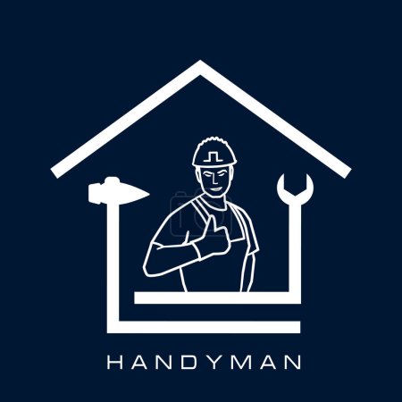 Illustration for Professional handyman services. Vector banner template with worker, tools, silhouette of house.  Handyman concept on dark blue background for your web site design, app, UI. EPS10. - Royalty Free Image