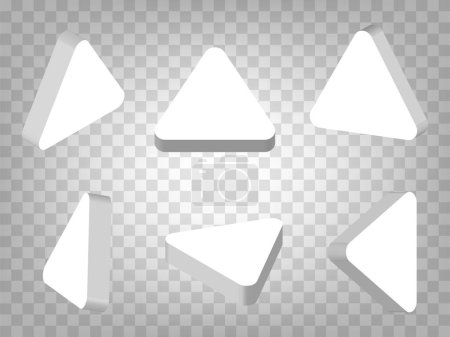 Conjunto de prisma triangular 3d sobre fondo transparente. Ilustración de iconos triángulos 3d con diferentes vistas y ángulos. Concepto abstracto de elementos gráficos para su diseño