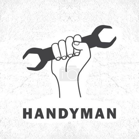 Illustration for Handyman in work clothes and construction helmet. Professional handyman services. Hand with wrench for your web site design, logo. EPS10. - Royalty Free Image