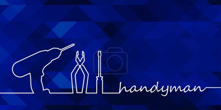 Illustration for Professional handyman services. Vector banner template with silhouette of drill repair tools and text space.  Repair tools on dark blue polygonal  background  for your design. EPS10. - Royalty Free Image