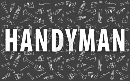 Illustration for Handyman Tools pattern. Corporate web site elements & background. Vector graphics for fixing, plumbing, renovation tools in trendy line style.  White Word Handyman with shadow. EPS10. - Royalty Free Image