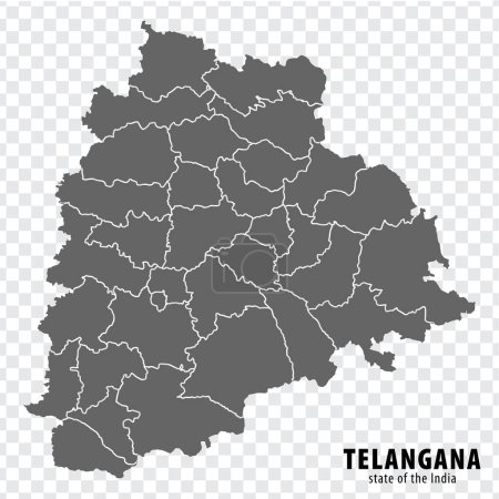 Téléchargez les illustrations : Carte vierge État Telangana de l'Inde. Carte de haute qualité Telangana avec des municipalités sur fond transparent pour la conception de votre site Web, logo, application, interface utilisateur. République de l'Inde. PSE10. - en licence libre de droit