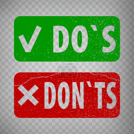 Illustration for Do's And Don'ts text grunge rubber stamp isolated on transparent  background.  Green  Dos and RED donts with check mark and cross.  grunge rubber Stamps.  EPS10. - Royalty Free Image