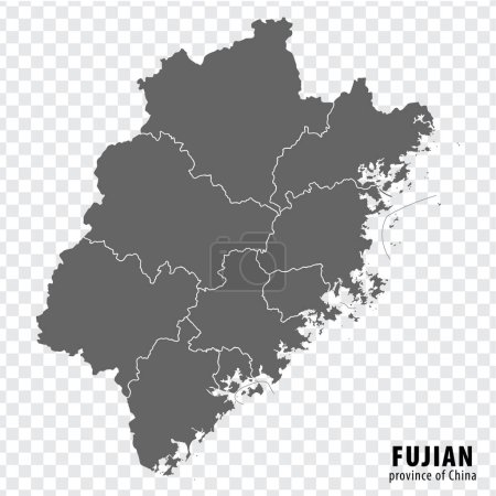 Ilustración de Mapa en blanco Provincia Fujian de China. Mapa de alta calidad Fujian con municipios en fondo transparente para el diseño de su sitio web, logotipo, aplicación, interfaz de usuario. República Popular China. EPS10. - Imagen libre de derechos