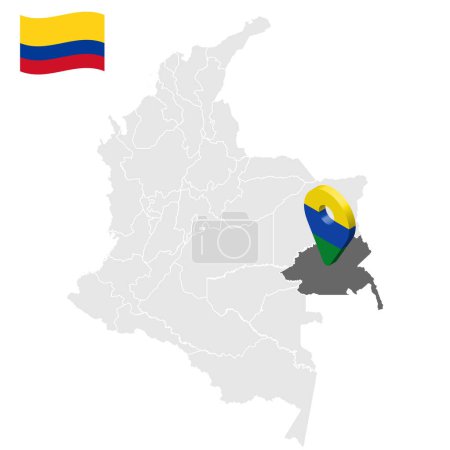 Illustration for Location of  Guainia on map Colombia. 3d Guainia location sign. Flag of Guainia . Quality map with regions  of Colombia for your web site design, logo, app, UI. Stock vector. EPS10. - Royalty Free Image