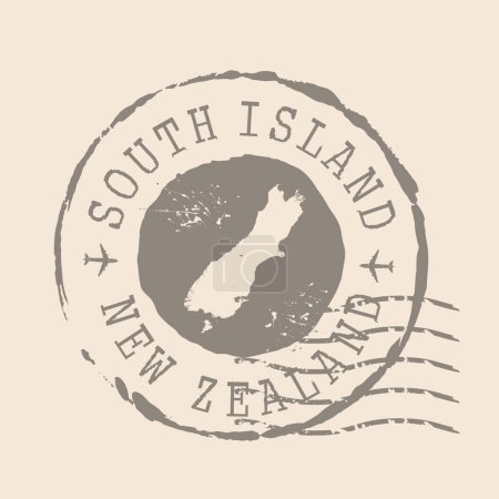 Téléchargez les illustrations : Timbre postal Île du Sud de la Nouvelle-Zélande. Carte Silhouette caoutchouc Seal. Design Retro Travel. Sceau de carte South Island grunge pour votre design. Nouvelle-Zélande. PSE10. - en licence libre de droit
