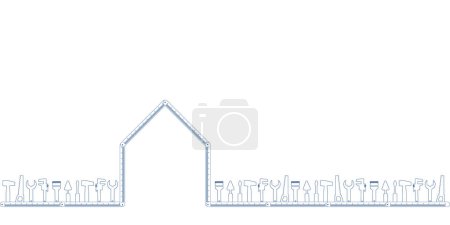 Illustration for Professional handyman services. Silhouette of a house from a building ruler with tools collection and text space.  Set of repair tools on white background for your design. EPS10. - Royalty Free Image
