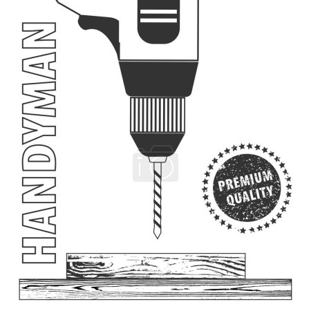 Illustration for Handyman Service Logo Template Design in gray. Drill with two wooden planks.  Vector graphics for fixing, plumbing, renovation tools.   EPS10. - Royalty Free Image