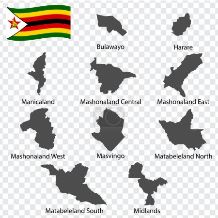 Illustration for Ten Maps  of  Zimbabwe - alphabetical order with name. Every single map of Provinces are listed and isolated with wordings and titles.  Republic of Zimbabwe. EPS 10. - Royalty Free Image