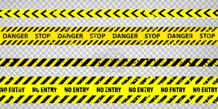Black and yellow police stripe border, construction, danger caution tapes set. Set of danger caution grunge tapes.  Warning signs for your  design on transparent background. EPS10