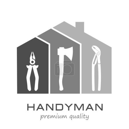 Handyman Service Logo Template Design. Vektor-Grafiken zur Befestigung, Sanitär, Renovierung Tools im trendigen Linienstil. Silhouette Home mit Zange, Axt, verstellbarem Schraubenschlüssel. EPS10.