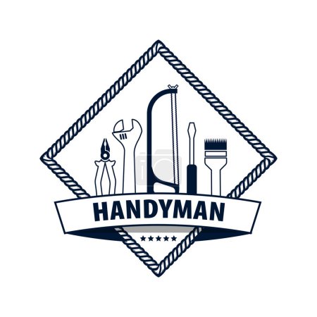 Illustration for Professional handyman services logo. Set of repair tools.  Logo Handyman with wooden texture in dark blue. Stock vector.  EPS10. - Royalty Free Image