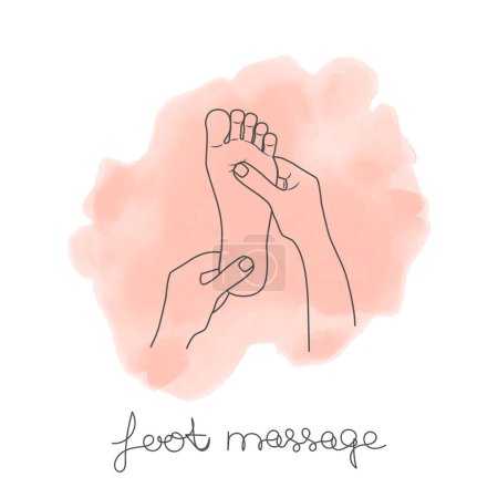 Illustration for Foot massage concept.  Inspection, prevention reflexes and therapy.  The hands of a massage therapist massaged feet.  Foot massage on peach fuzz watercolor background for your web site design, app, UI. EPS 10 - Royalty Free Image