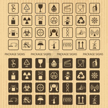Illustration for Vector packaging symbols set on cardboard background: Don't roll, litter,  biohazard, toxic, No hand- or forklift truck, Handling with care, Protect from radiation and other signs and icons. Use on package - Royalty Free Image