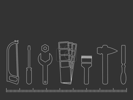 Illustration for Professional handyman services. Vector banner template with seven tools and text space.  Set of repair tools on gray background for your web site design, app, UI. EPS10. - Royalty Free Image
