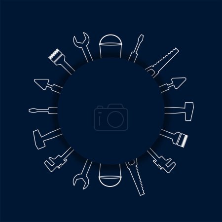 Illustration for Professional handyman services. Blank template for your logo with tools collection and text space.  Set of repair tools on dark blue background for your web site design, app, UI. EPS10. - Royalty Free Image