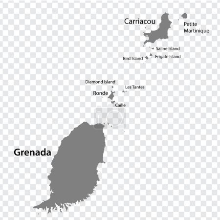 Illustration for Blank map Grenada in gray. Every Island map is with titles. High quality map of  Grenada on transparent background for your web site design, logo, app, UI. EPS10. - Royalty Free Image