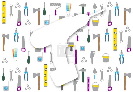 Illustration for Handyman Tools pattern colorful. Corporate web site elements & background. Vector graphics for fixing, plumbing, renovation tools in trendy line style.  White silhouette of drill with shadow. EPS10. - Royalty Free Image