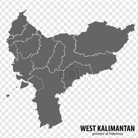 Ilustración de Mapa en blanco Kalimantan Occidental provincia de Indonesia. Mapa de alta calidad West Kalimantan con municipios en fondo transparente para el diseño de su sitio web, logotipo, aplicación, interfaz de usuario. República de Indonesia. EPS10. - Imagen libre de derechos