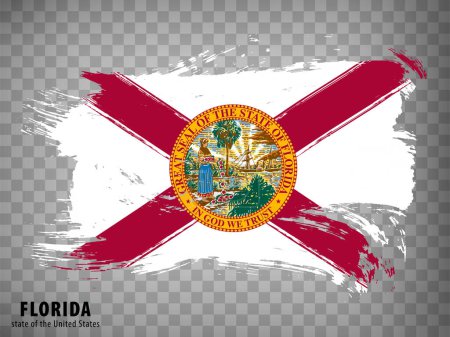Flagge Floridas von Pinselstrichen. Vereinigte Staaten von Amerika. Flagge schwenken Staat Florida mit Titel auf transparentem Hintergrund für Ihr Webseitendesign, App, UI. USA. EPS10.