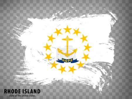 Flag of Rhode Island State from brush strokes. United States of America.  Waving Flag State of Rhode Island with title on transparent background for your web site design, app, UI. USA. Vector EPS10.